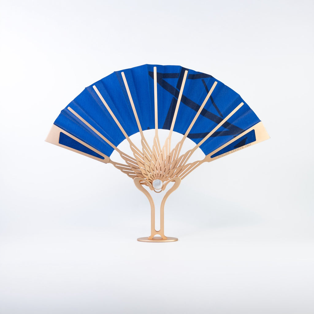 Éventail Étoile de Nuit - Soie Bleu et monture Or rosé 24 carats