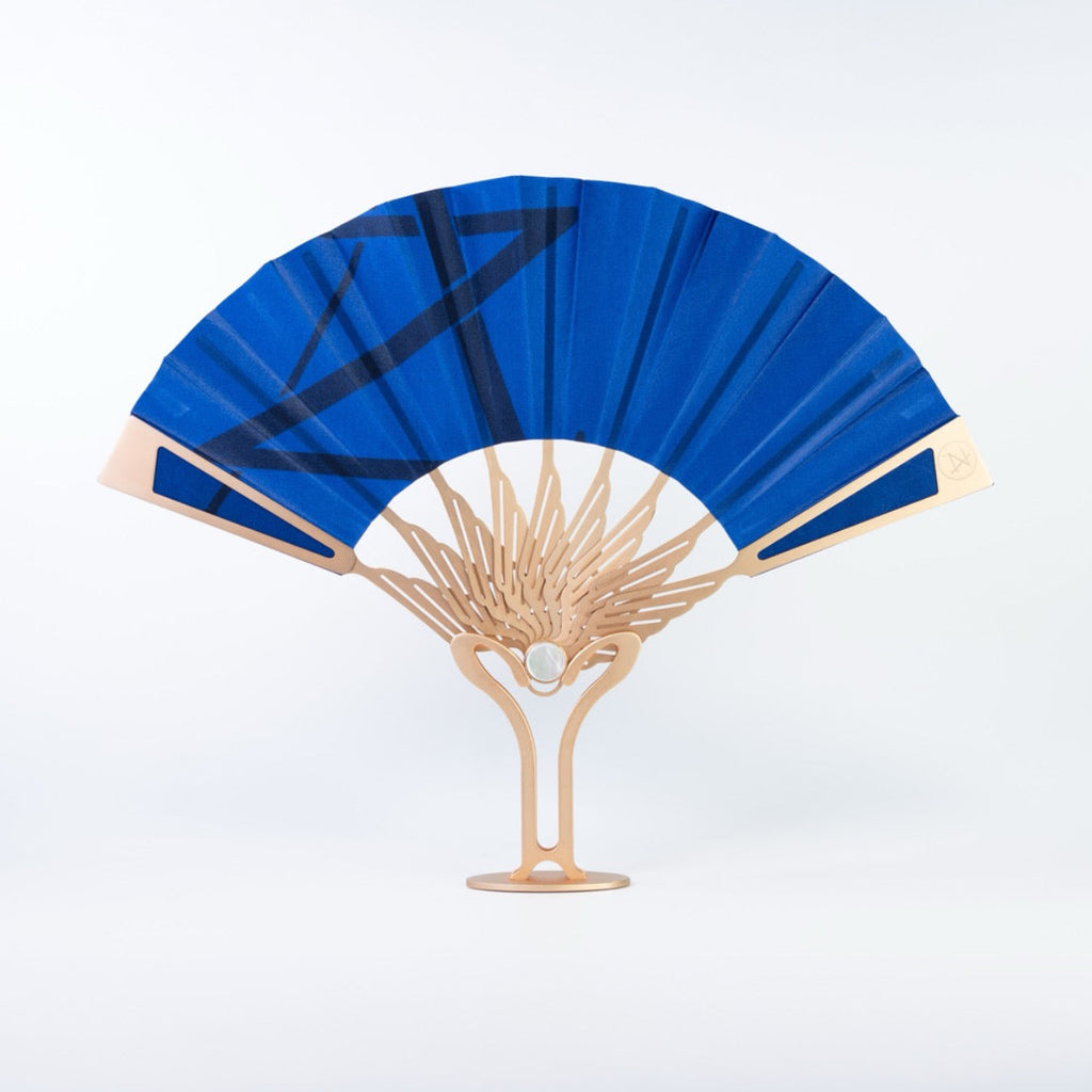 Éventail Étoile de Nuit - Soie Bleu et monture Or rosé 24 carats