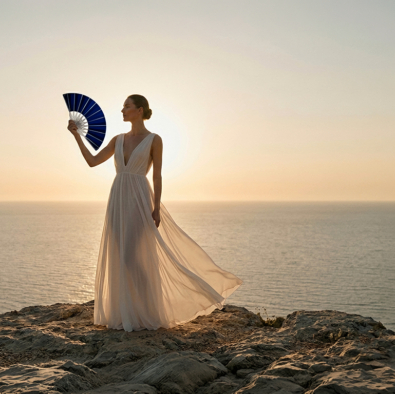 Éventail Étoile de Nuit - Soie Bleu et monture rose gold
