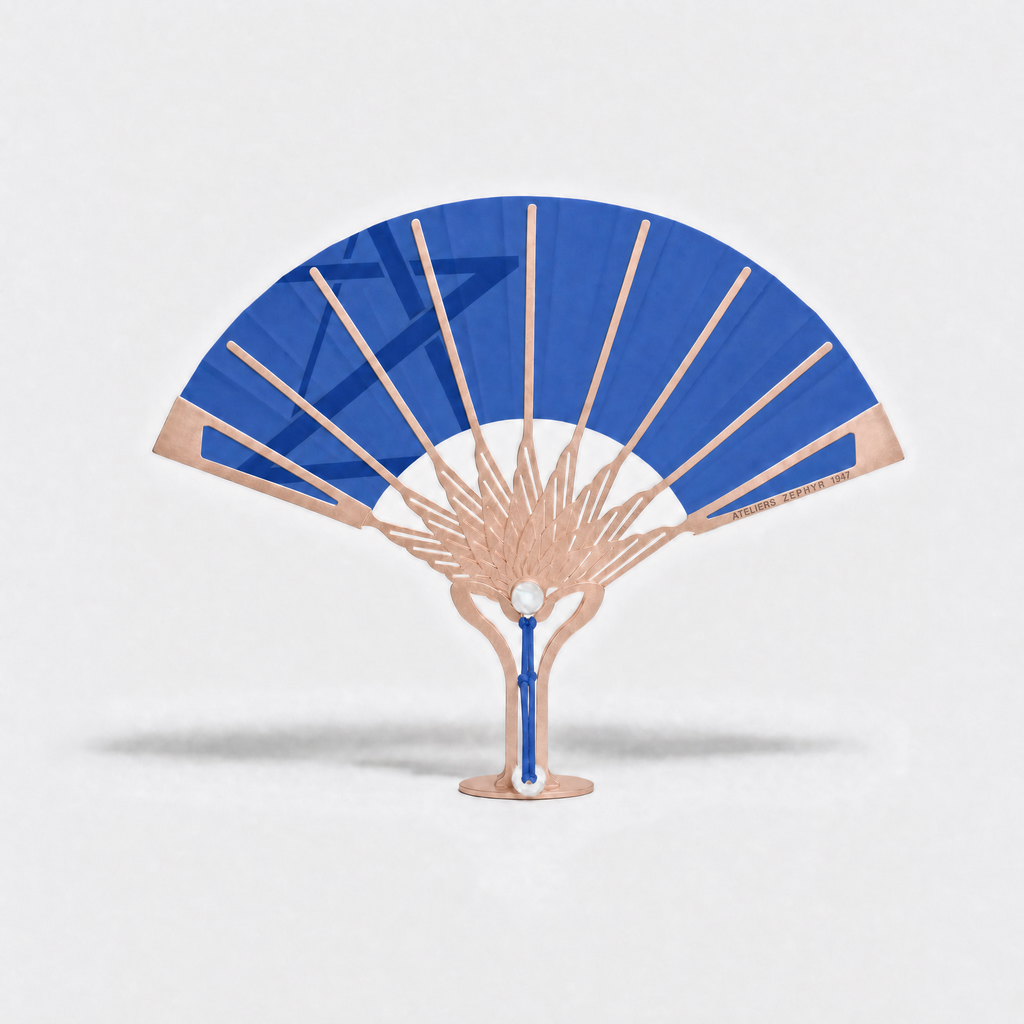 Éventail Étoile de Nuit - Soie Bleu et monture rose gold